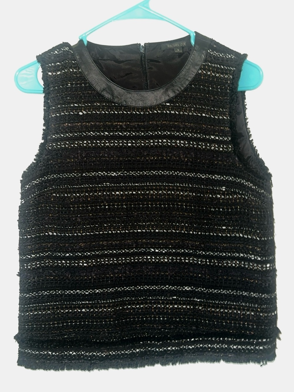 Rachel Zoe Tweed Sleeveless Top – Size 6, Leather Trim, Zipper Back